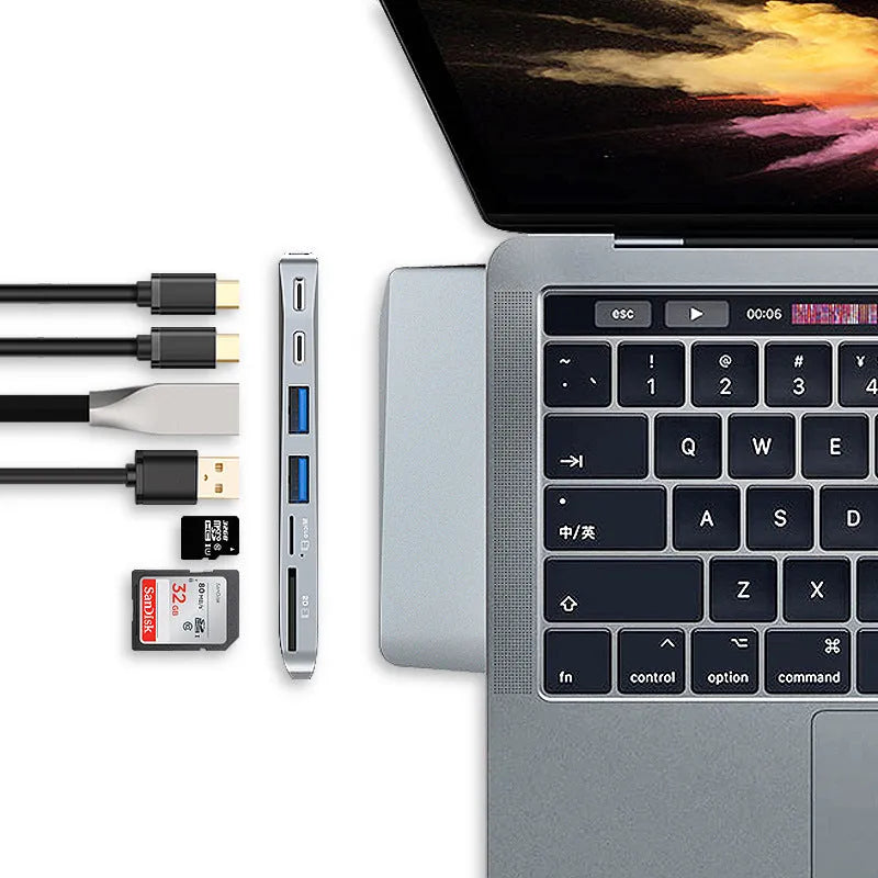 Eight-interface computer card reader adapter for MacBook Pro with dual USB-C connectors