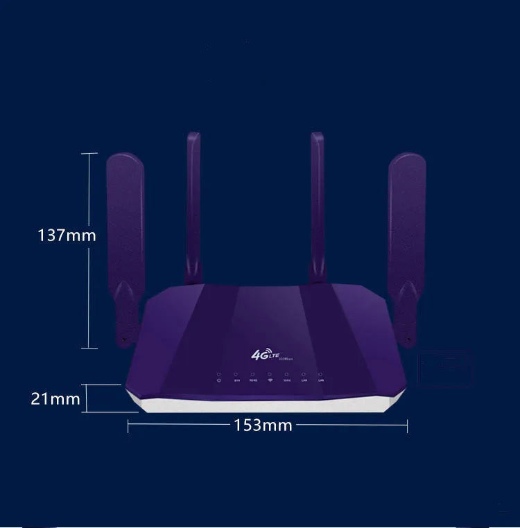 Blue 4G dual-mode wireless router with four external antennas.