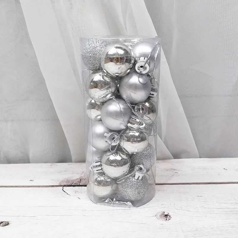 Set of 24 shiny and matte finish Christmas ball ornaments in assorted colours, each 3cm in diameter.