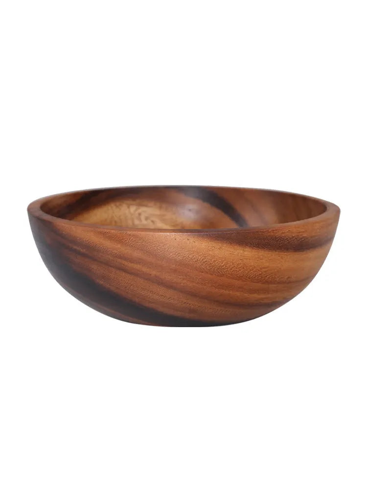 Brown wooden bowl handmade Japanese style with visible wood grain, available in multiple sizes from 8x6cm to 26x8cm.