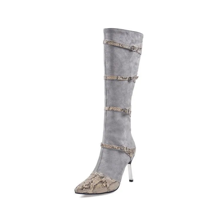 Grey and black women's knee-high boots with a thin high heel on a rubber sole.