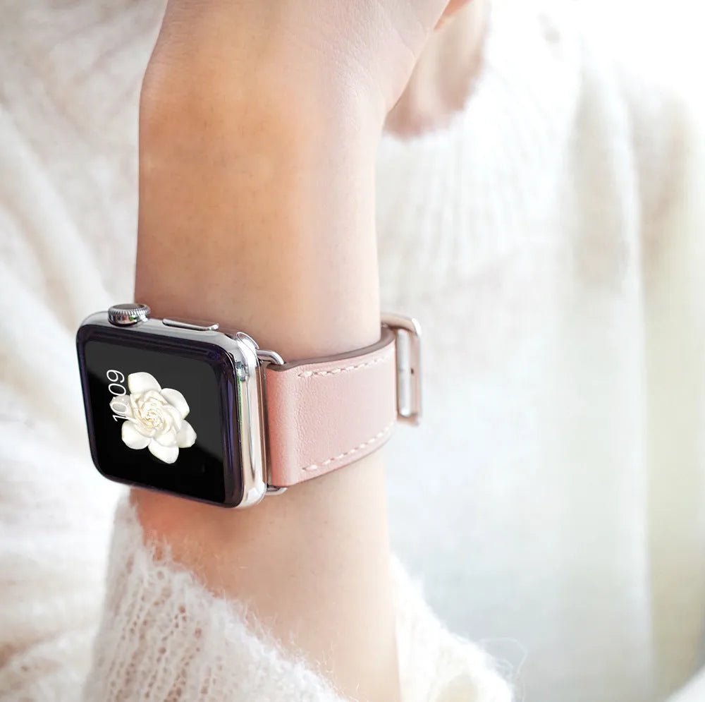 Pink cowhide leather smart watch strap for Apple Watch 1-4, 38mm or 42mm size option, lightweight about 15g