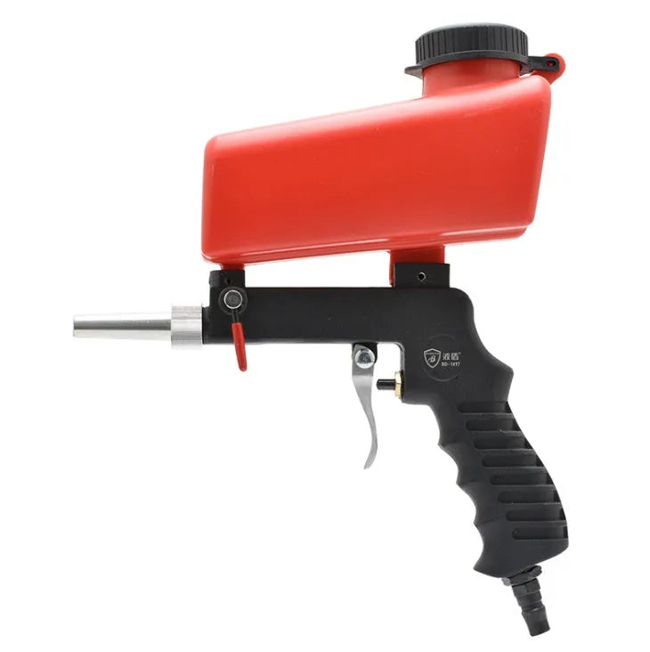 Portable black pneumatic sandblasting gun with gravity feed pot and 6.5mm nozzle.