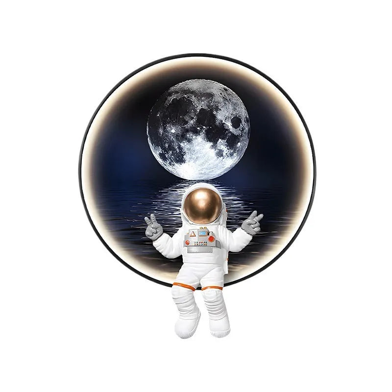 Spaceman-themed canvas wall painting for a child's bedroom, shown in three sizes with optional LED lighting.