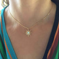 Gold sun god necklace with geometric synthetic opal pendant on a 45cm cross chain with 5cm extension