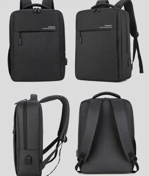 Waterproof shockproof rechargeable laptop backpack in Oxford cloth showing size options for 14-inch and 15.6-inch computers