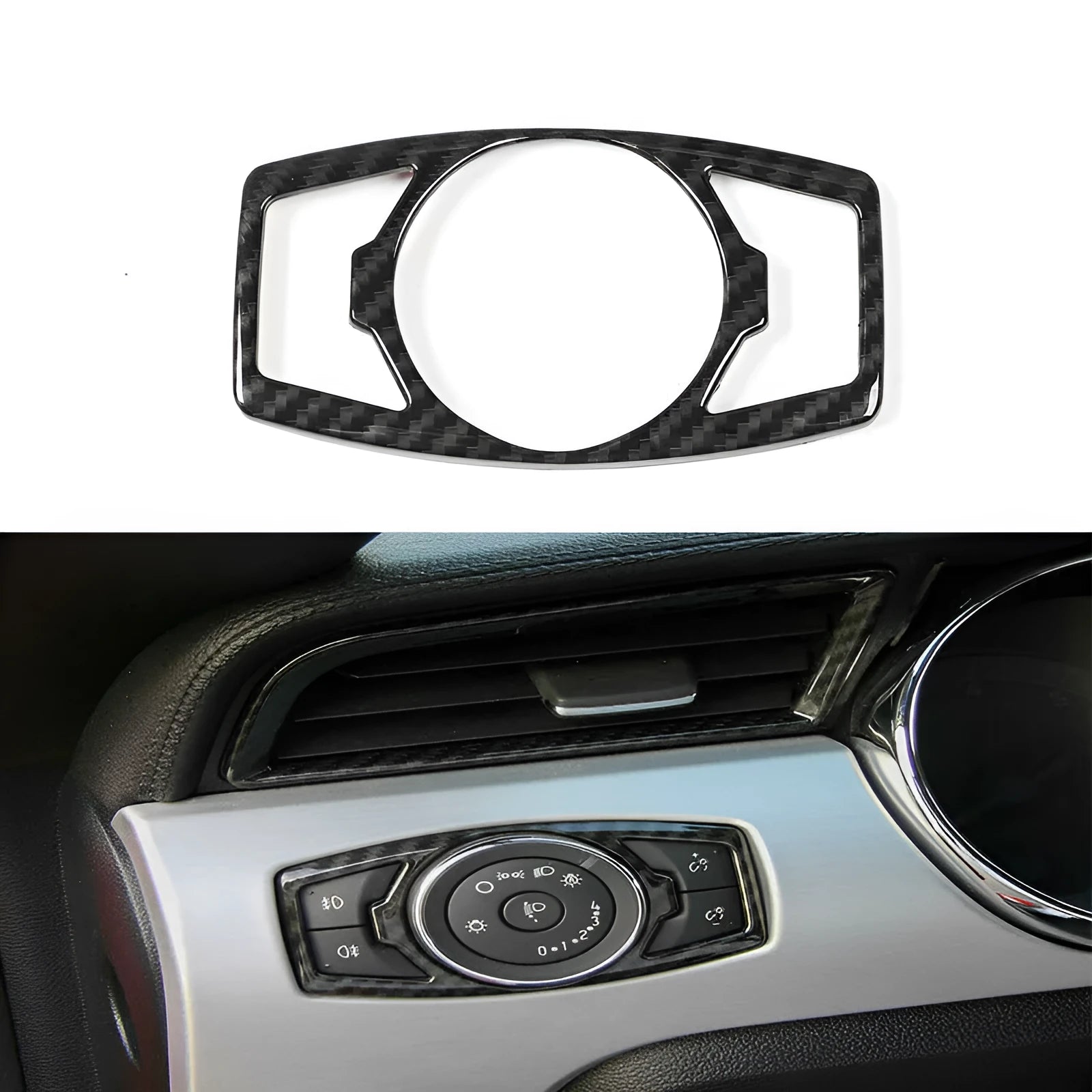 Black carbon fibre decorative patch for Ford F150 Wild Horse headlight control panel