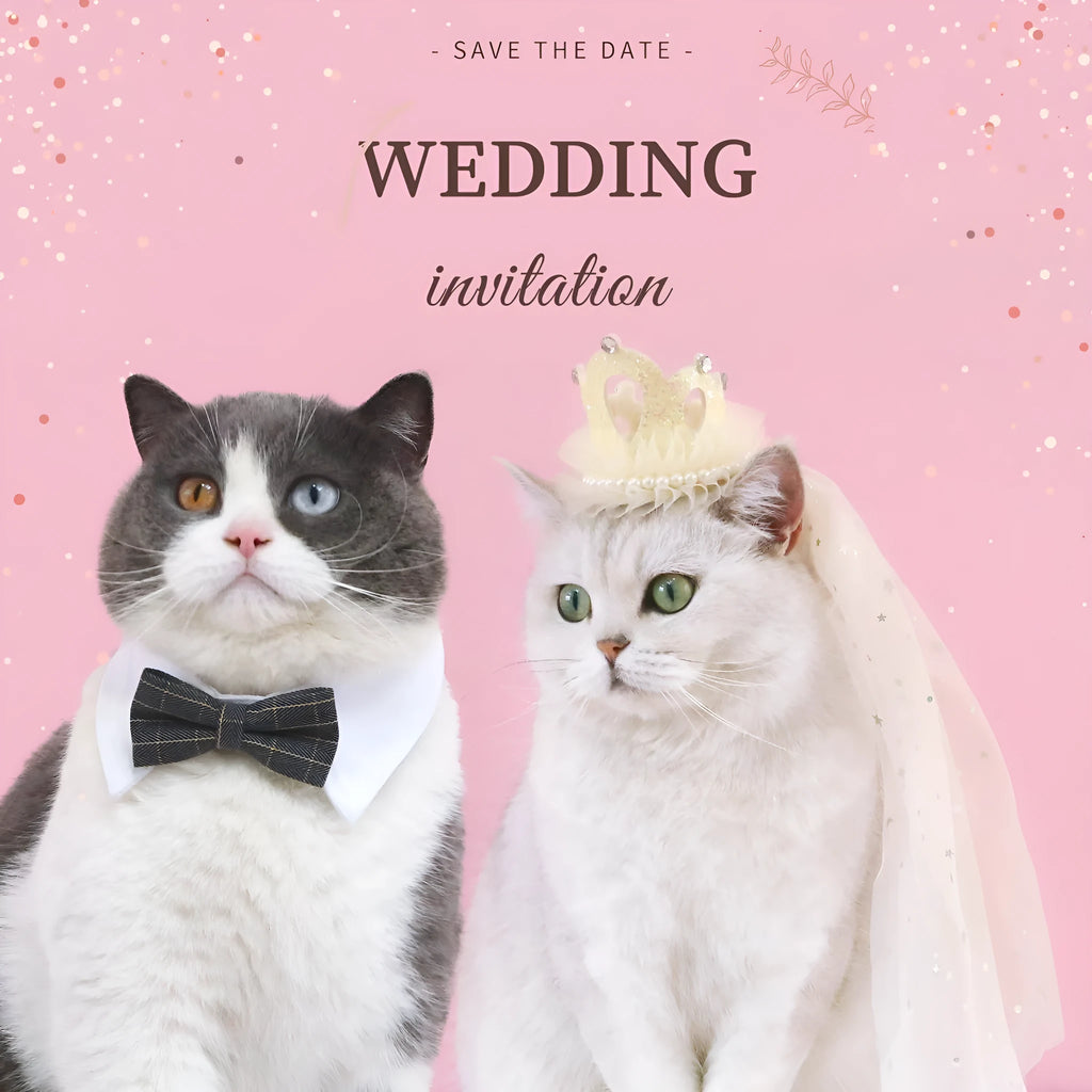 Cat wearing princess crown headdress with veil in beige and pink colour options for wedding or party costume