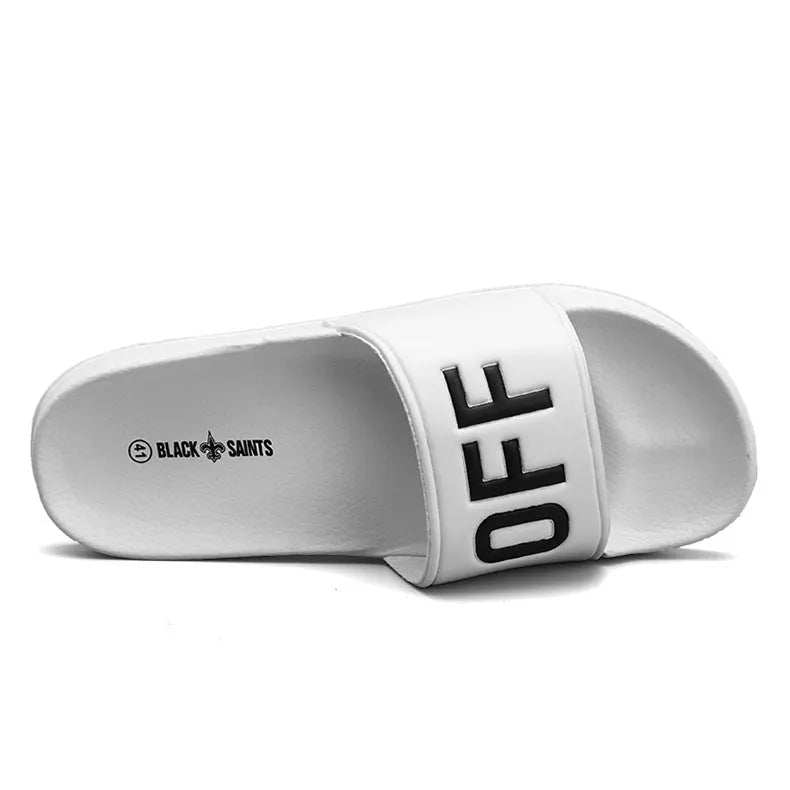Men's black open-toe personalised slippers with a rubber sole, shown from the side.