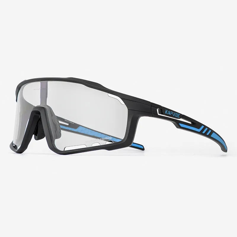 Photochromic cycling sunglasses with semi-rimless TR90 frame on a bicycle helmet.