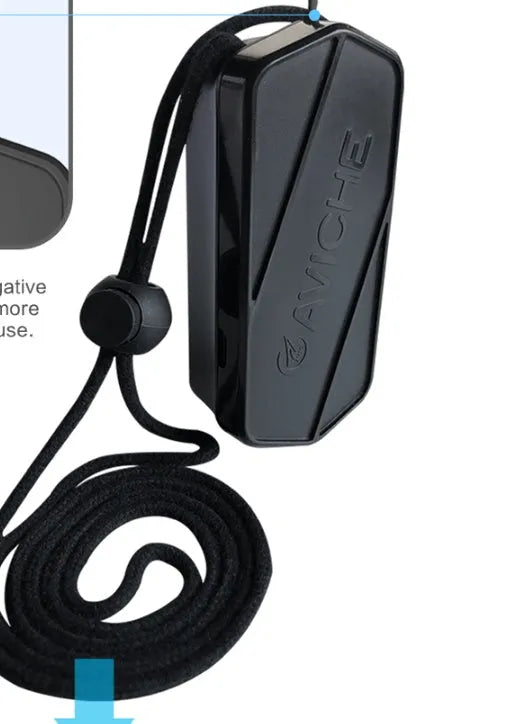 Black portable air purifier necklace with USB charging port and compact design