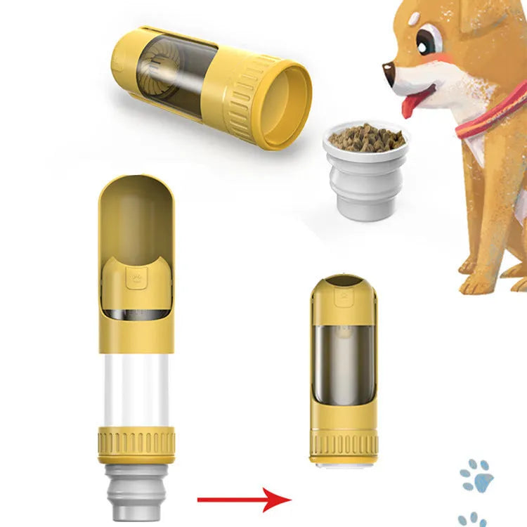 Dark blue portable dog water bottle with an attached drinking bowl, shown with leak-proof cap.