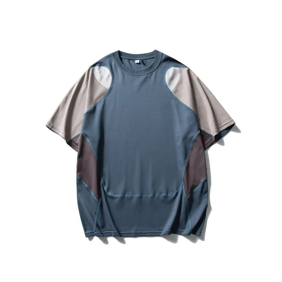 Men's loose blue patchwork contrast short sleeve t-shirt on a hanger