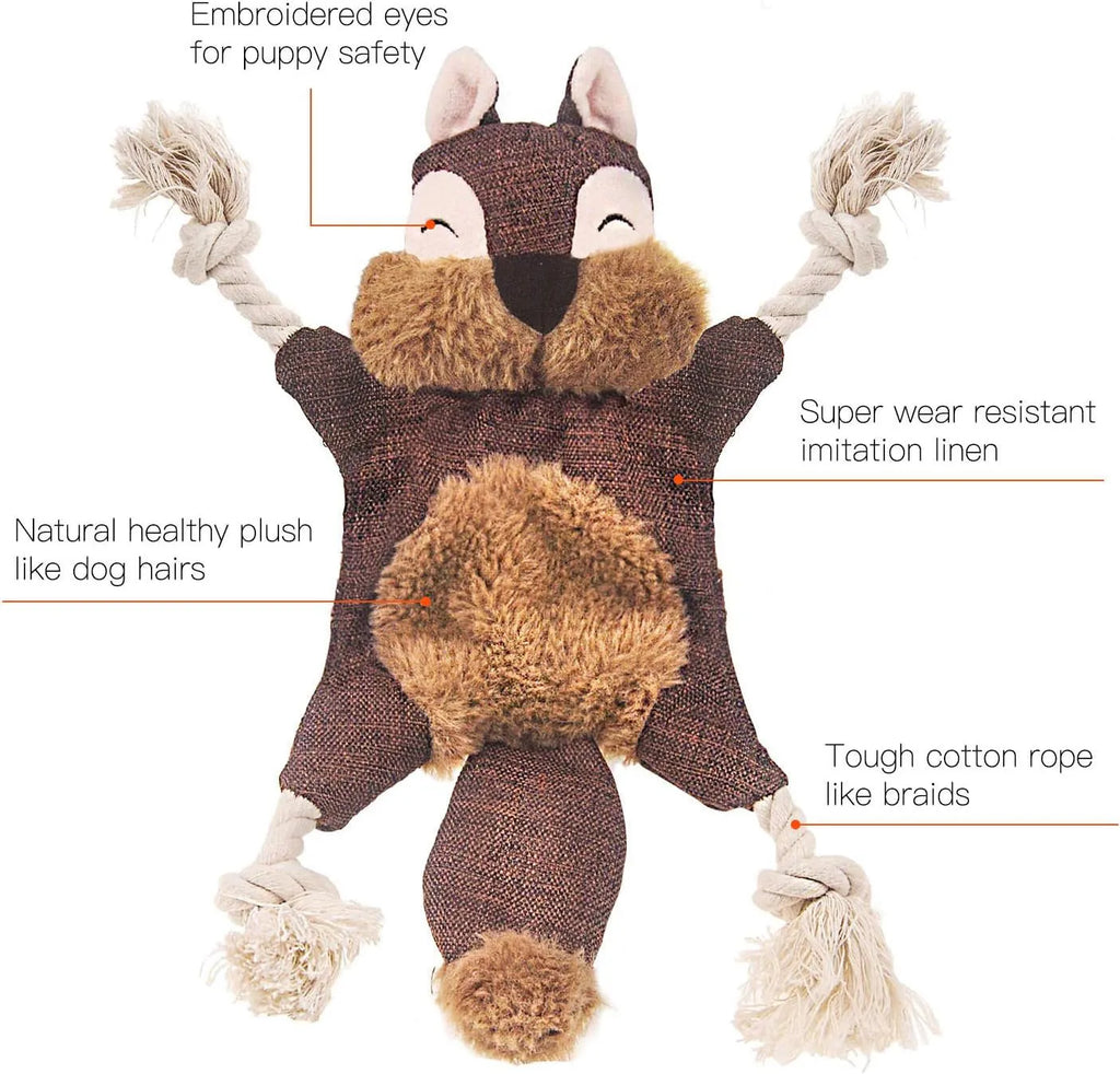 Brown fox-shaped dog toy with squeaker in head, crinkle paper body, and rope arms for chewing