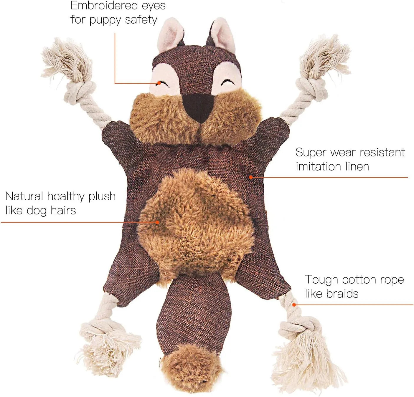 Brown fox-shaped dog toy with squeaker in head, crinkle paper body, and rope arms for chewing