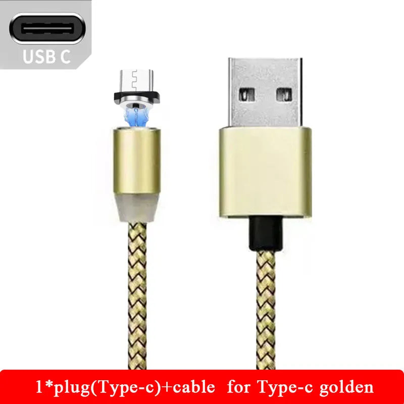 Black magnetic LED charging cable with aluminium shell and woven texture, showing LED light and connector.
