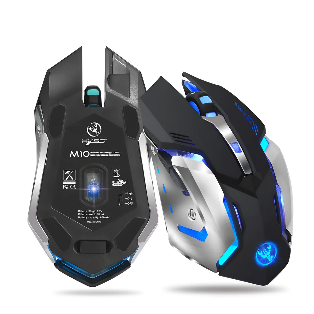 HXSJ black wireless gaming mouse with glowing LED lights and ergonomic shape for desktop use
