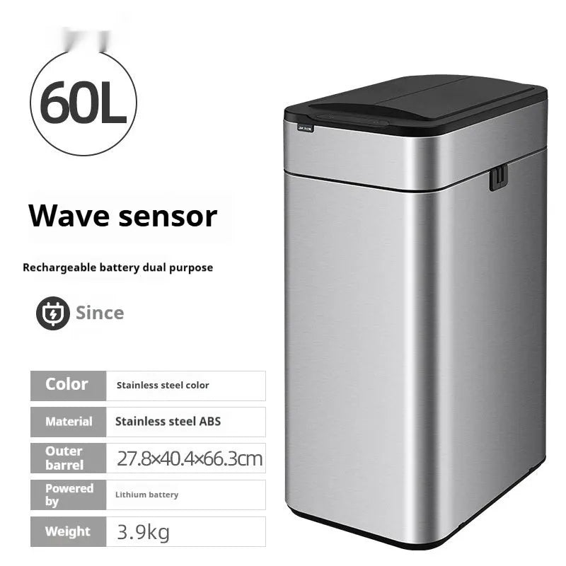 Stainless steel square inductive smart trash can with sensor lid and large capacity.