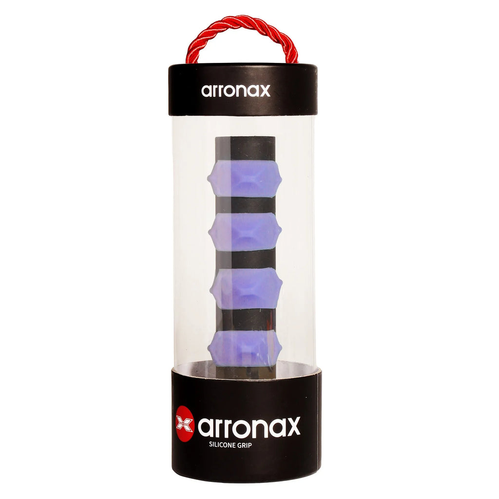Silicone tennis racket grip buckle in seven colour options showing 17.6 cm by 6.4 cm dimensions