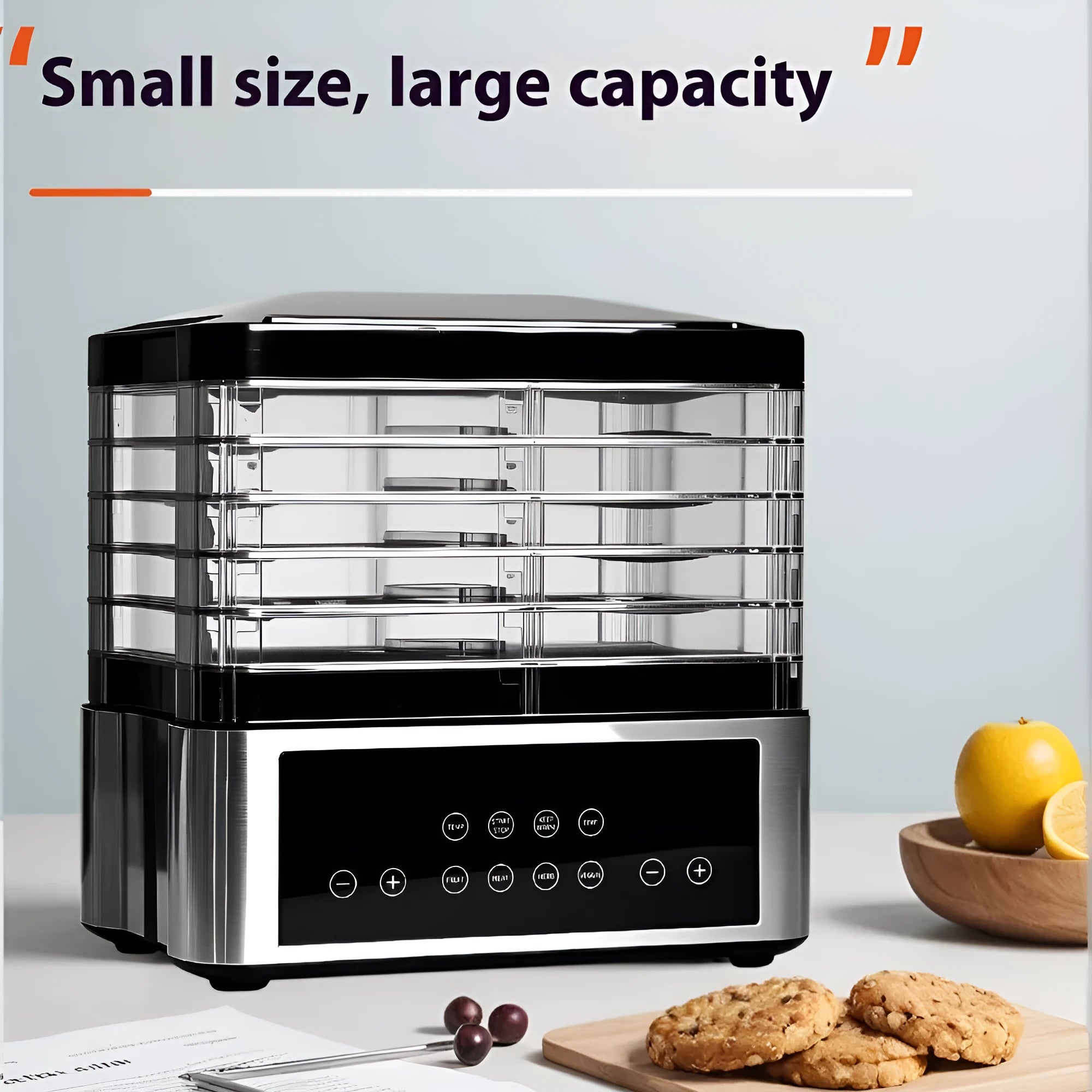 Silver stainless steel household food dehydrator with 14-litre capacity