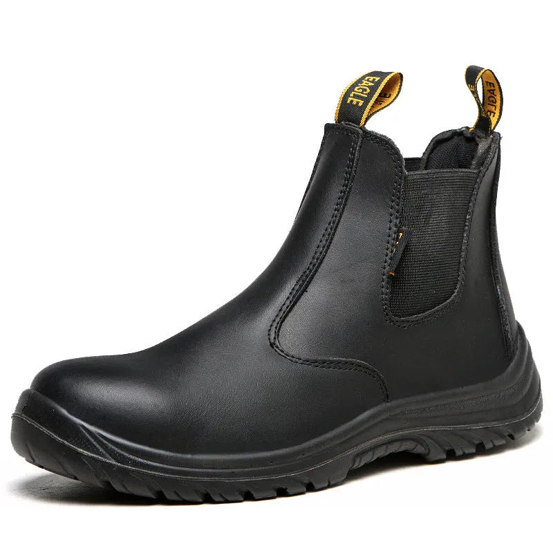 Black leather safety work boots with high-top design and anti-piercing protection