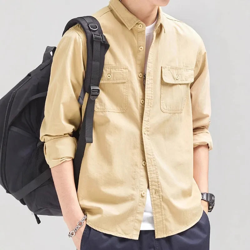 Men's loose fit long sleeve polyester shirt in cardigan style available in four colours