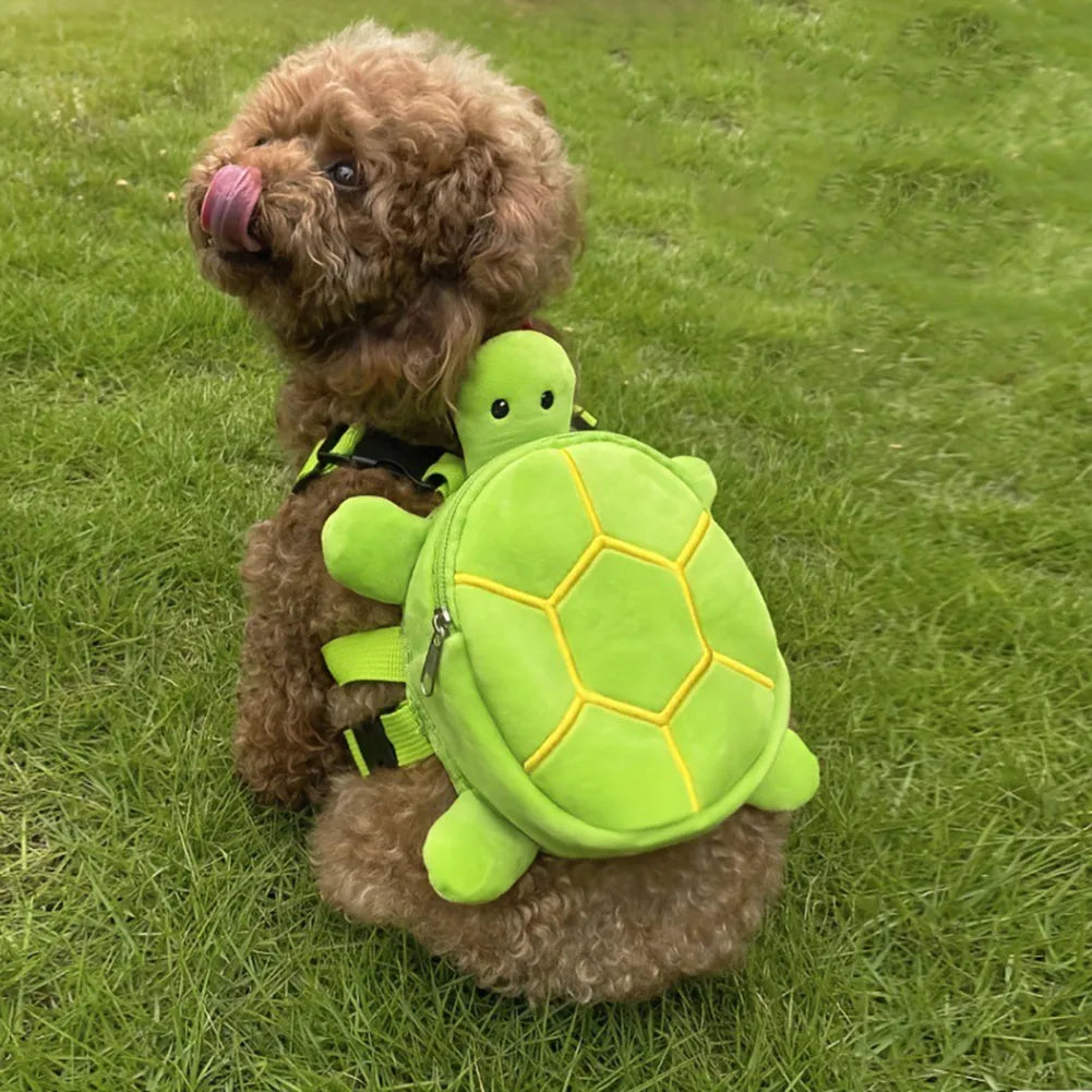 Turtle-shaped velvet pet backpack harness for small dogs and cats with metal zipper closure