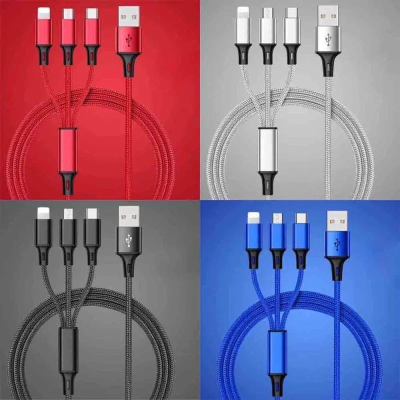 Braided 3-in-1 universal charging cable with aluminium alloy connectors in six colour options
