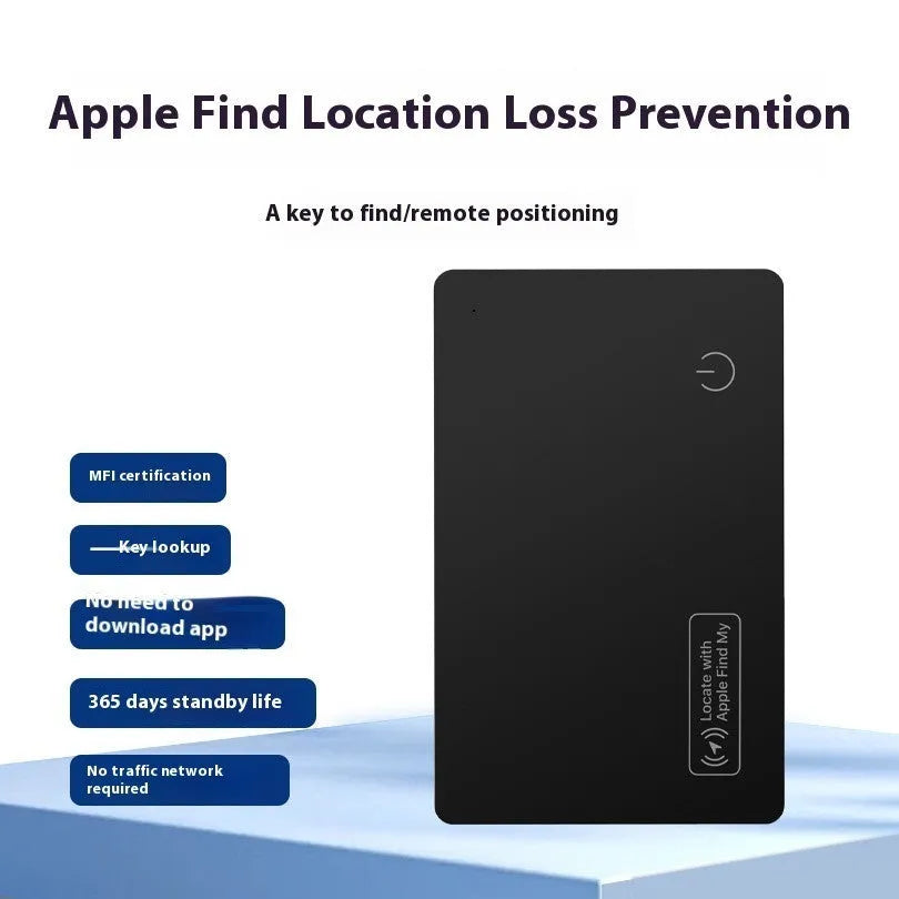Black ultra-thin anti-loss alarm card for Apple devices next to a credit card for size comparison.