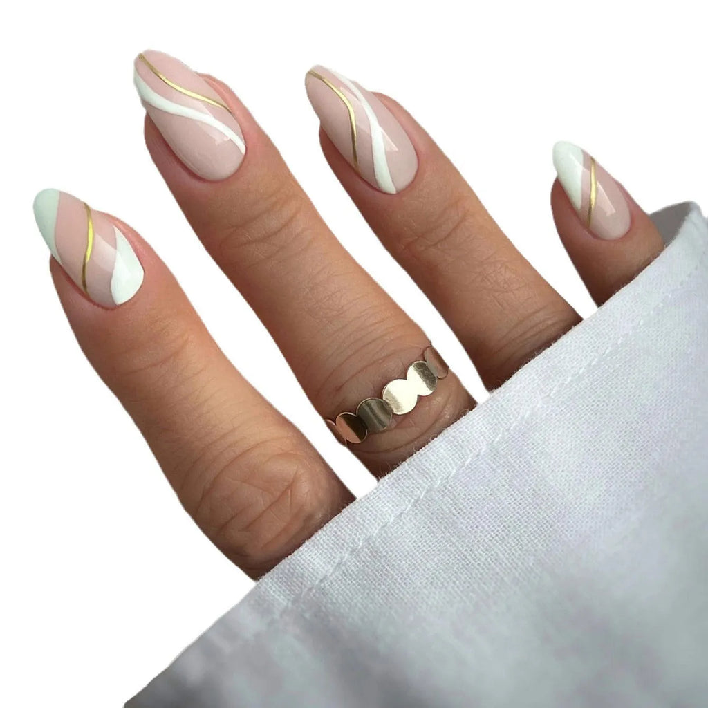 Golden Lines plaid pattern nail stickers in JF0518 colour, medium drop shape on plastic sheet.