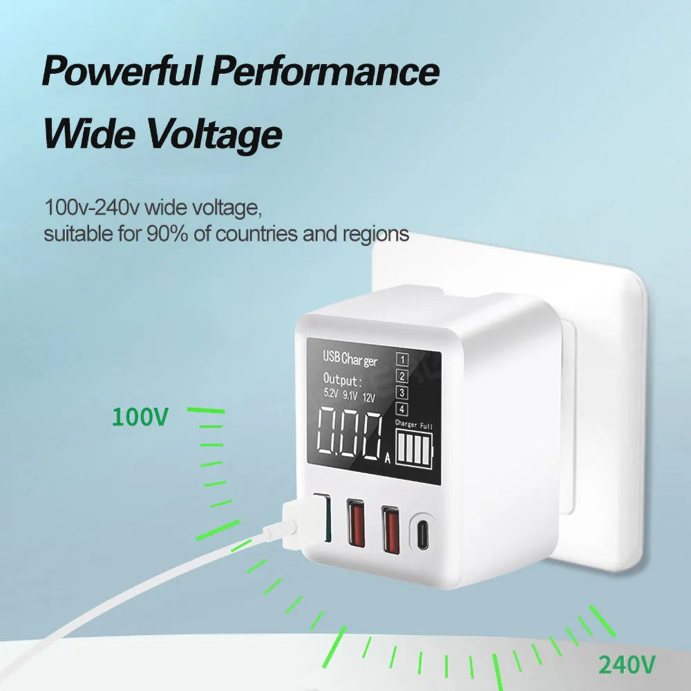 White travel charger with multiple USB ports and British plug for fast charging smartphones and tablets