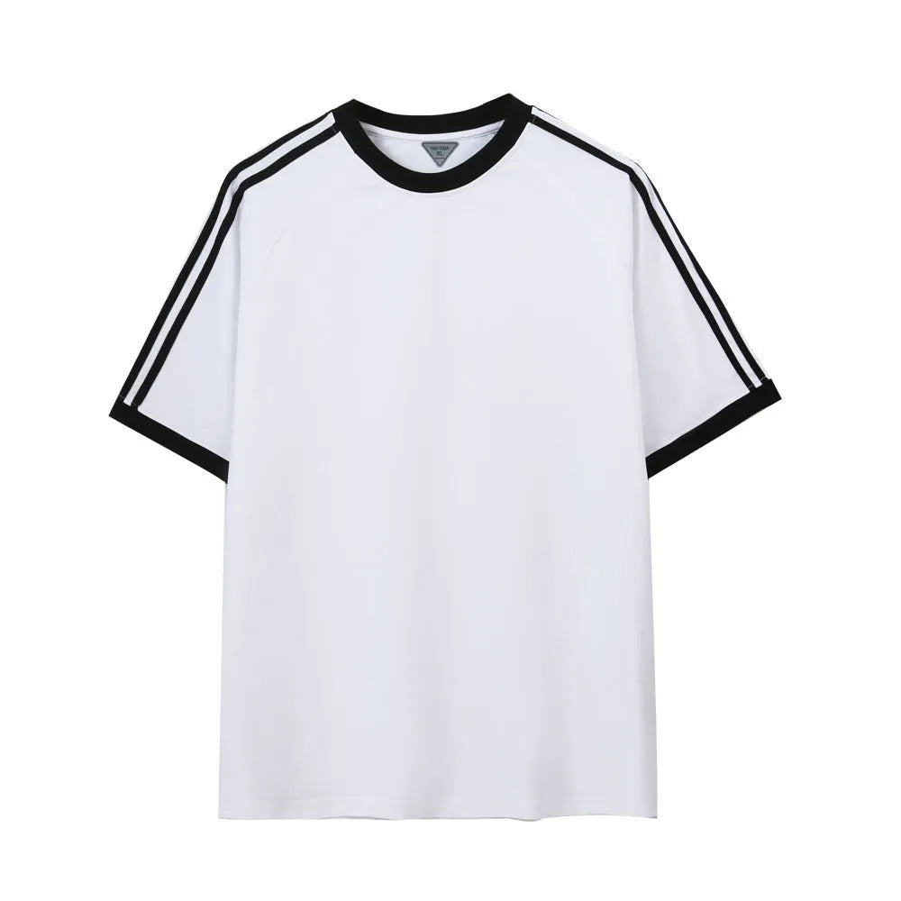 Unisex ice silk cotton stripes five-point top in loose fit, available in multiple colours and sizes S to 2XL