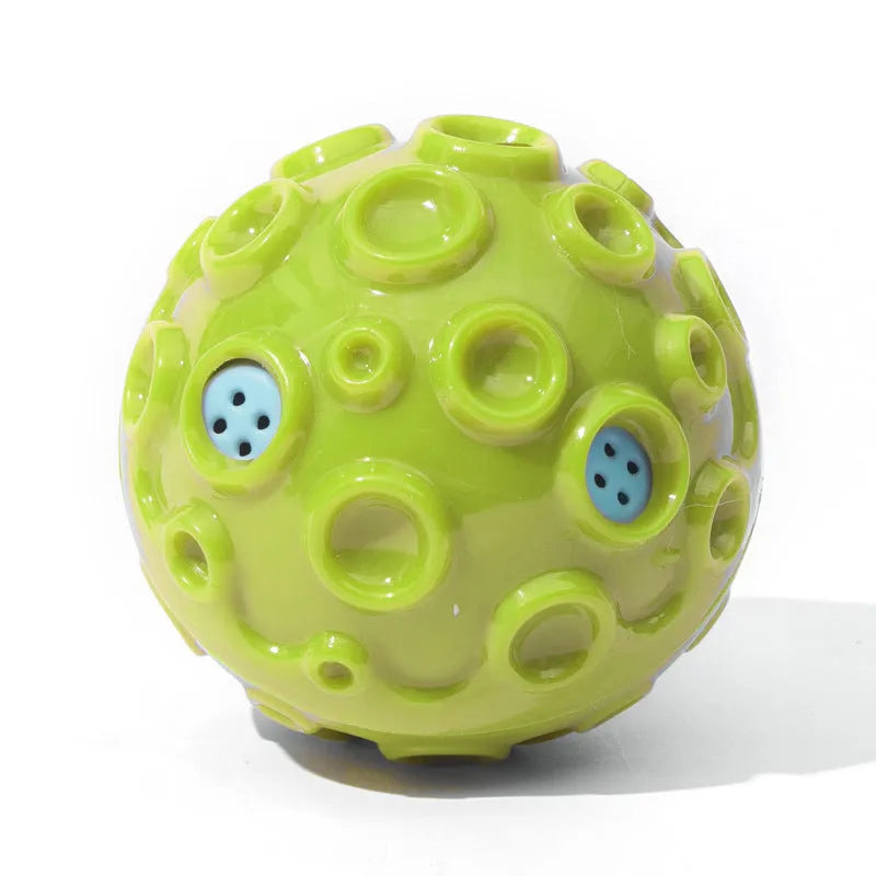 Durable rubber dog chew ball in multiple colours with squeaky sound and teeth-cleaning bumps.