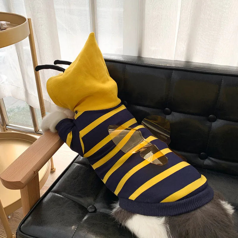 Plush bee dog hoodie in yellow striped cotton, winter pet coat for bulldog puppy cat, sizes XS to XXXL.