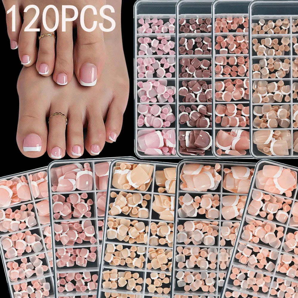 Open box showing 120 French white edge nude square false toe nail pieces in various shades.