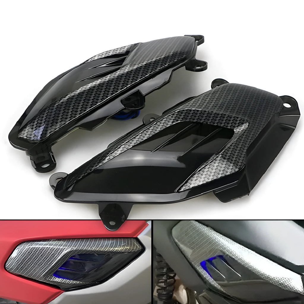 Pair of YAMAHA NMAX LED side lamps with carbon fibre trim, blue or red light option.