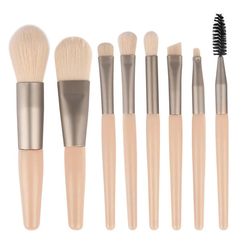 8-piece Morandi makeup brush set with fibre hair bristles in pink, blue, apricot, and green on a light background