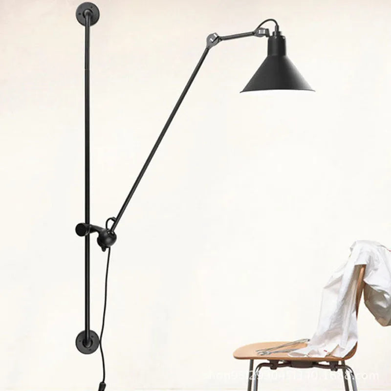 Rotating rocker arm wall lamp with plug, Nordic style iron lampshade, black lamp body, warm bulb