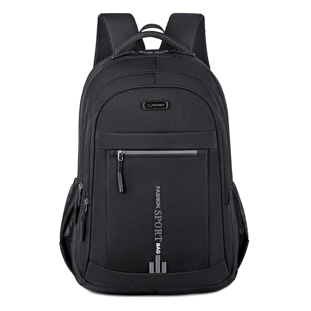 Blue business travel backpack with airpillow straps and sewing line detail on Oxford cloth.