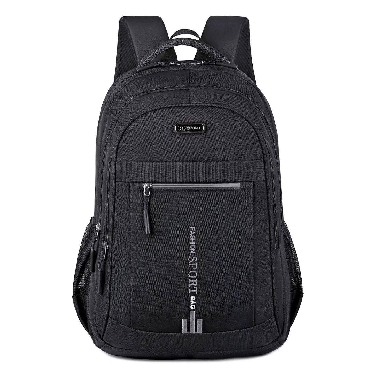 Blue business travel backpack with airpillow straps and sewing line detail on Oxford cloth.