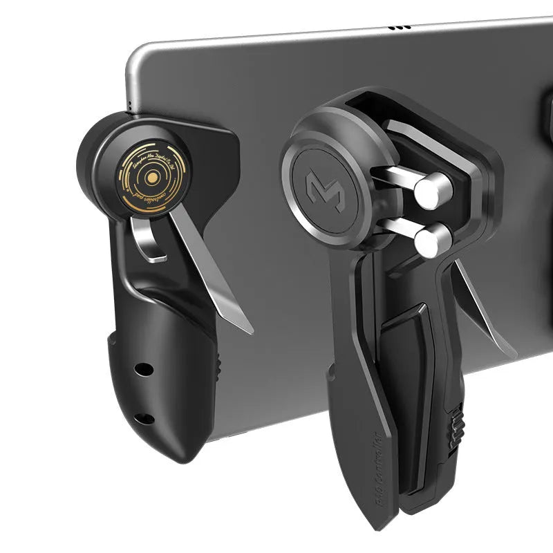 Black six-finger iPad trigger game controller with adjustable buttons and silicone grip for tablets.