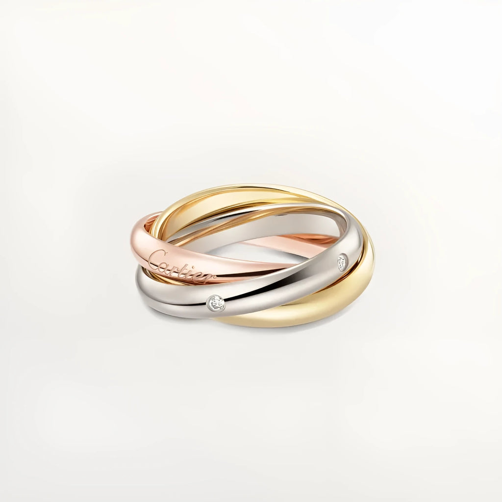 Geometric U-shaped sterling silver couple ring with three cubic zirconia stones on a hand, showing rose gold and black finish options.