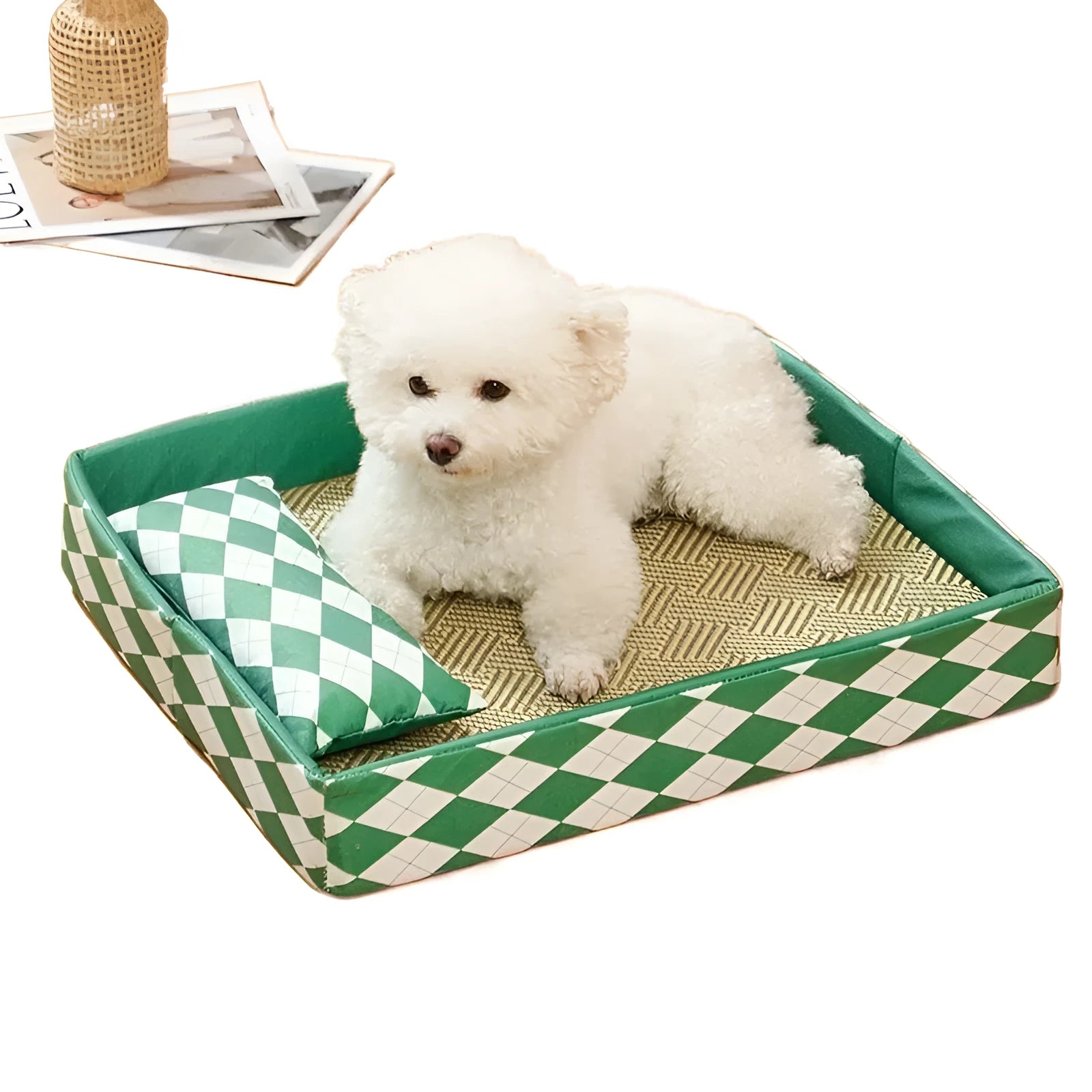 Blue rattan weave cat bed and litter mat in a raised frame, shown with a cat resting on it.