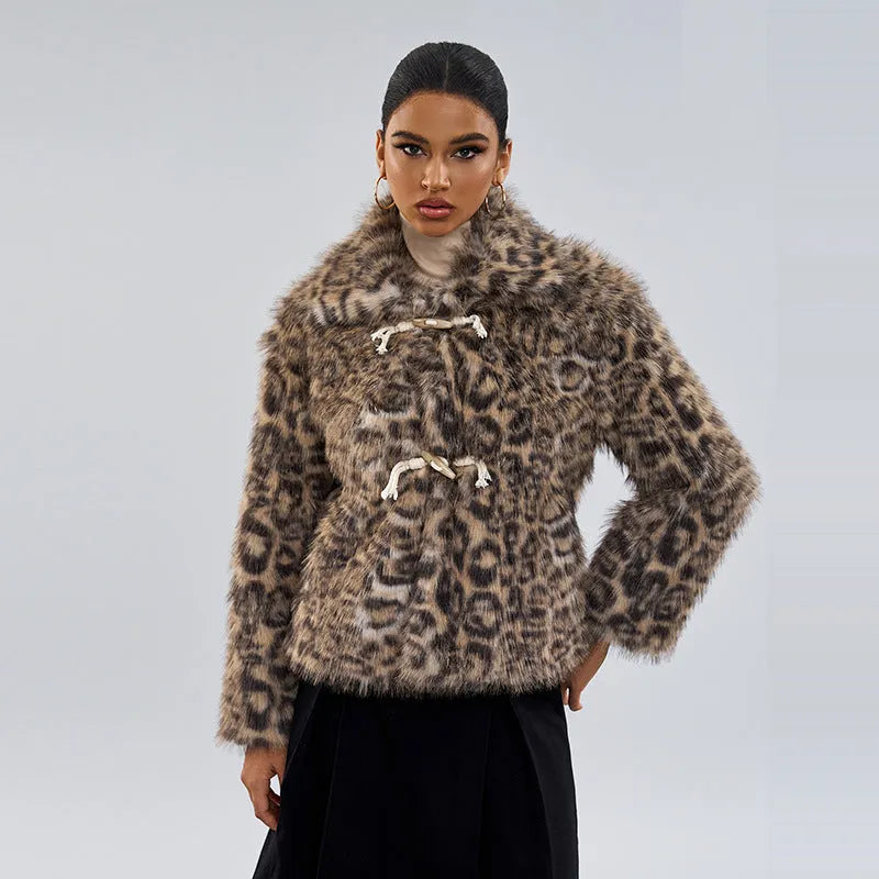 Women's leopard print coat with a buckle lapel detail on the collar