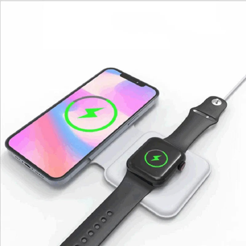White foldable magnetic wireless charging dock showing dual-device support and adjustable angle.