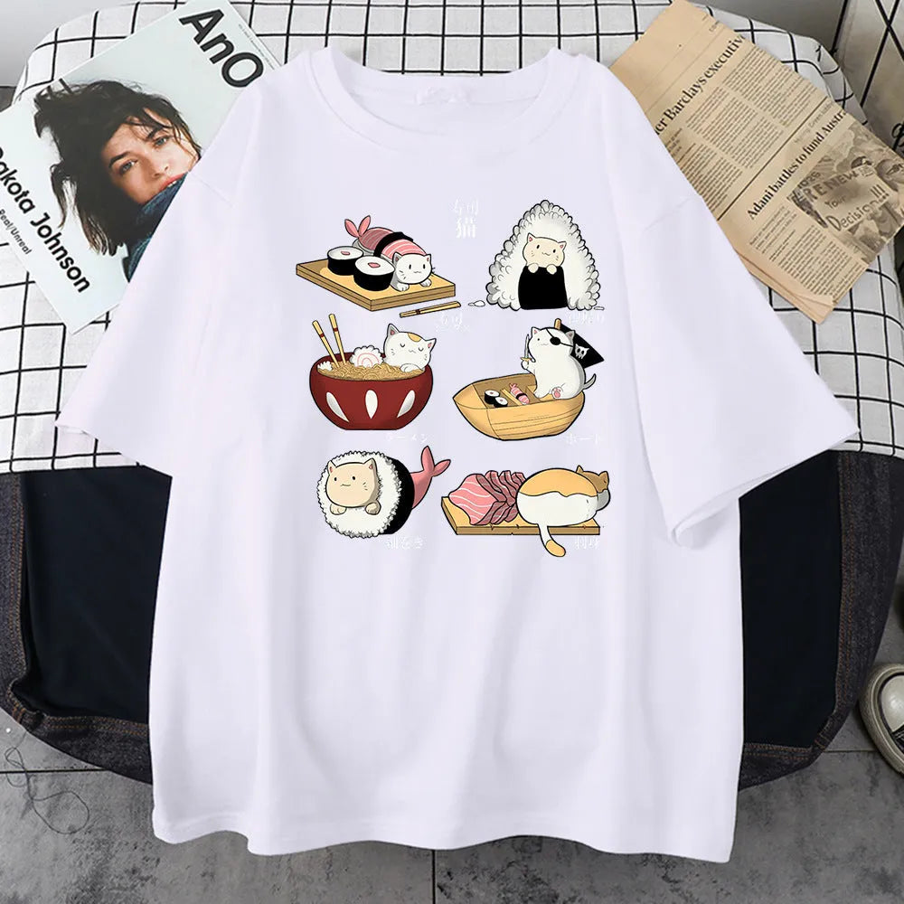 Mens black cotton t-shirt with a cartoon print of a cat dressed as sushi on a loose fit short sleeve.