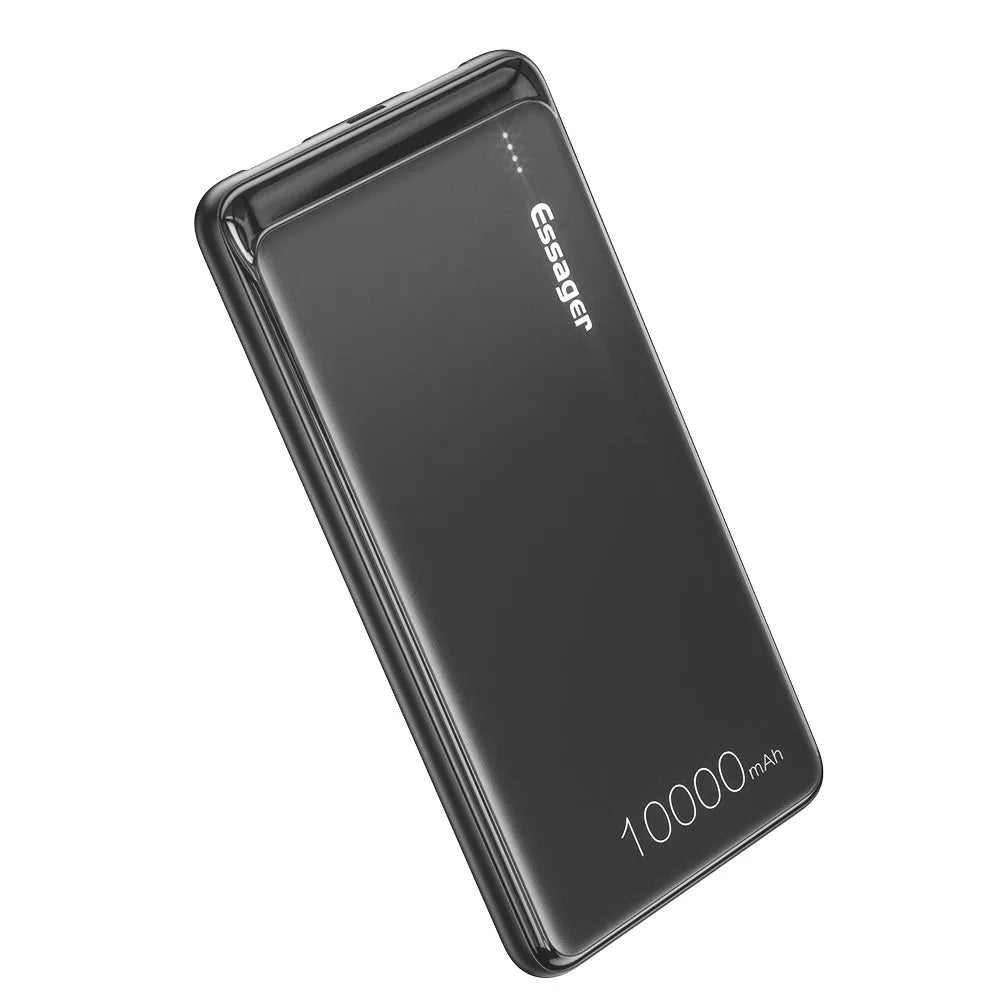 Essager Small Jane black and white 10000mAh portable power bank showing dual USB ports and LED indicator lights.