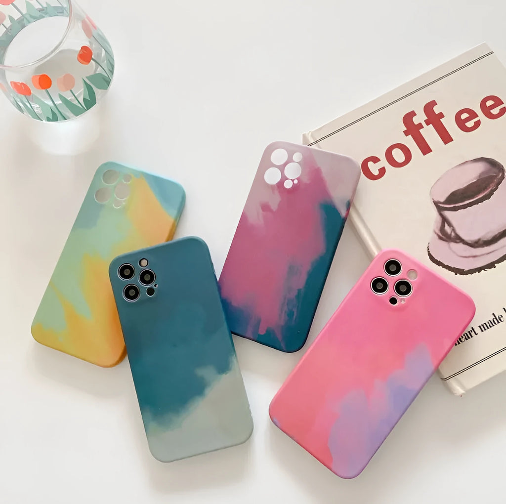 Soft silicone iPhone case with an oil painting gradient and abstract geometric pattern in purple.