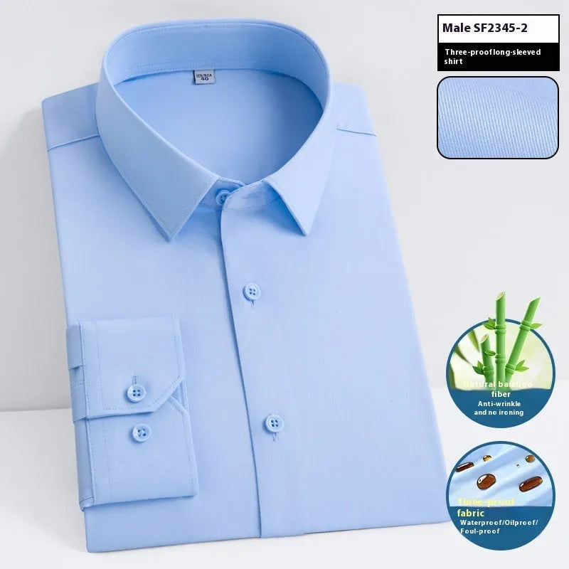 Men's slim fit square collar business shirt in bamboo fibre fabric, available in long and short sleeve styles.