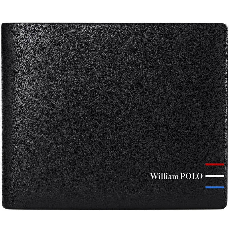 Men's slim leather wallet showing anti-theft card slot and letter pattern detail